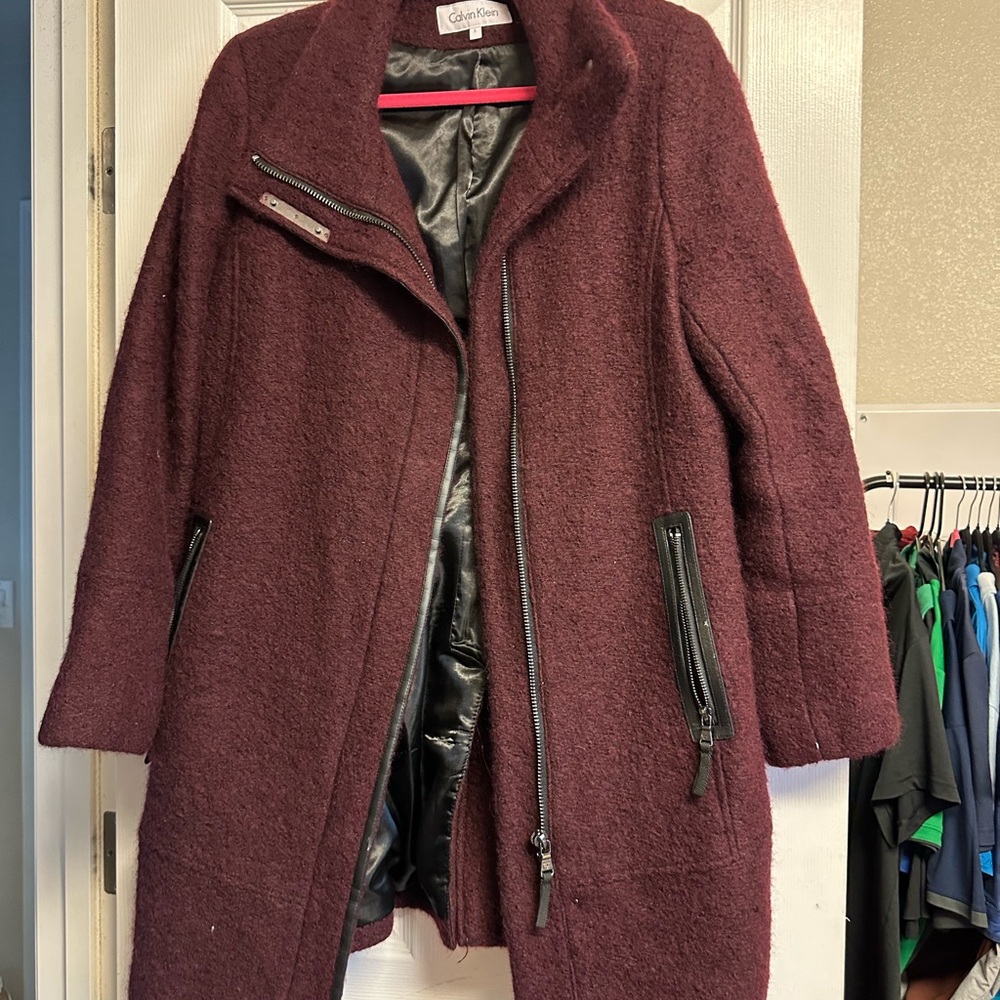 Calvin Klein Burgundy Wool-Blend Zip Front Pea Coat